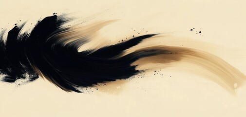 Abstract Black Ink Brush Strokes on Beige Background Japanese Style Calligraphy Art
