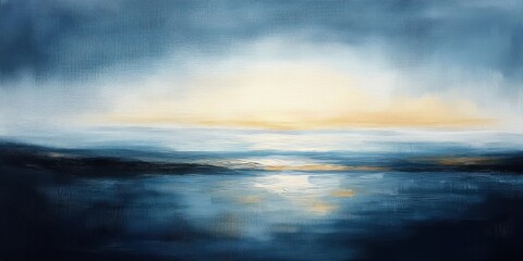 Impressionist Abstract Landscape Painting Soft Blue Gold Hues Smooth Sky Gradient Seascape
