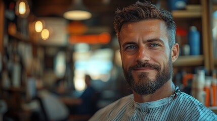 Obraz premium man with a beard smiles in a barbershop setting.