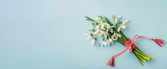 Snowdrops bouquet with traditional martisor decoration. Festive spring snowdrops tied with martisor thread. Banner with space for text, suitable for Baba Marta holiday, advertisement, greeting.