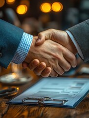 Business Professionals Conclude Deal with Handshake Over Credit Report at Conference Table