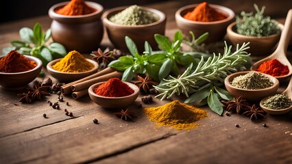 Aromatic spices and herbs in bowls on wooden table. (1)