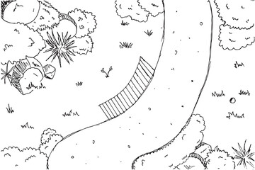 hand drawn architectural sketch of beautiful garden and bush with white background and black pen