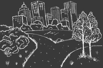 Modern Cityscape with Vibrant Trees and Bushes. black background illustration.