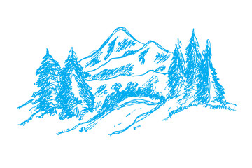 Vector hand drawn mountain sketch, wild nature, nature illustration. white and blue illustration.
