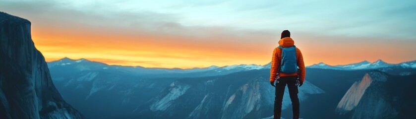 A person stands on a cliff, gazing at a vibrant sunset over a mountainous landscape.