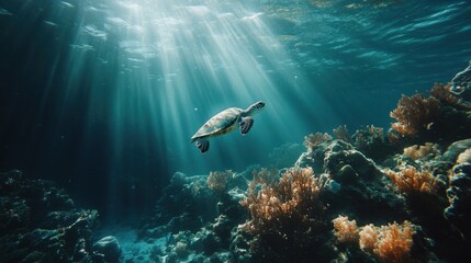 Fototapeta premium A serene underwater scene featuring a turtle swimming among coral and beams of sunlight.