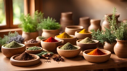 Fototapeta premium Assorted spices and herbs in wooden bowls on a rustic table.