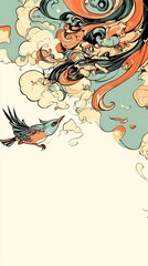 An artistic illustration featuring a colorful bird amidst swirling clouds and flowing hair.