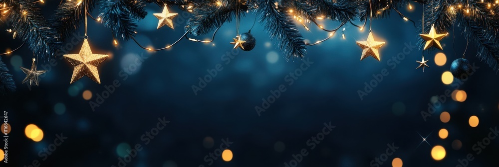 Poster a background with hanging stars and lights, creating an enchanting atmosphere for christmas and new 