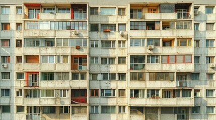 Exterior view of a multi-story apartment building with many windows and balconies.