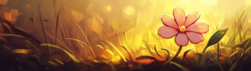 Obraz premium A single pink flower stands amidst soft grass, illuminated by warm sunlight.