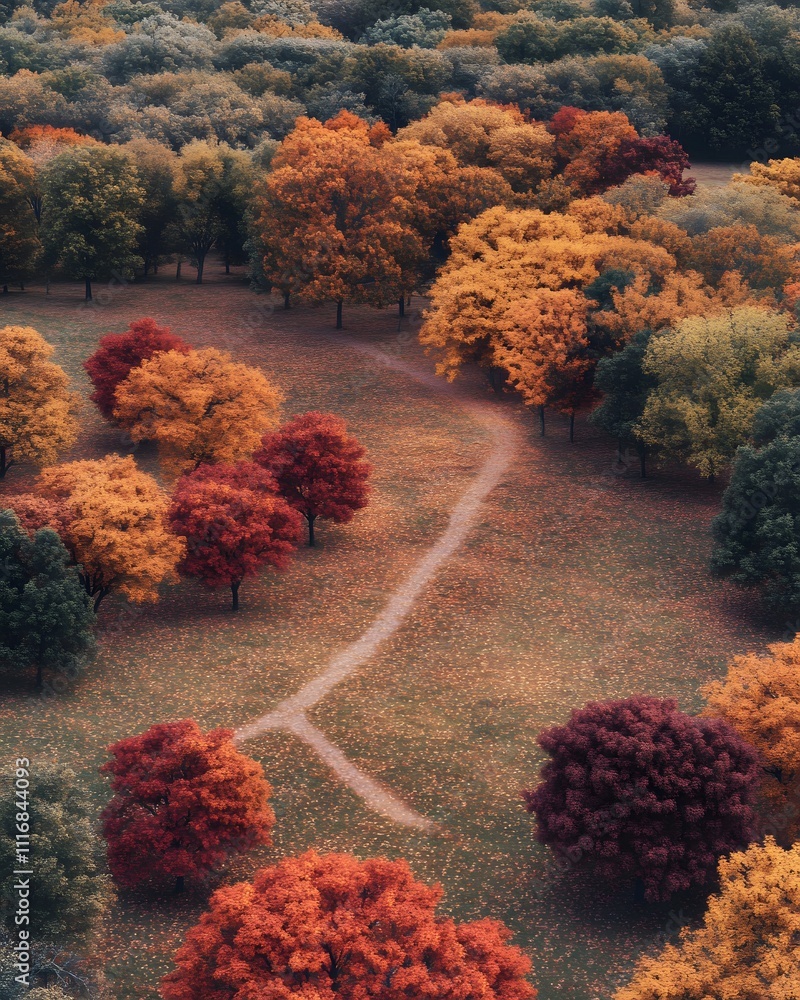 Poster aerial view of a colorful autumn park with trees and a winding path.