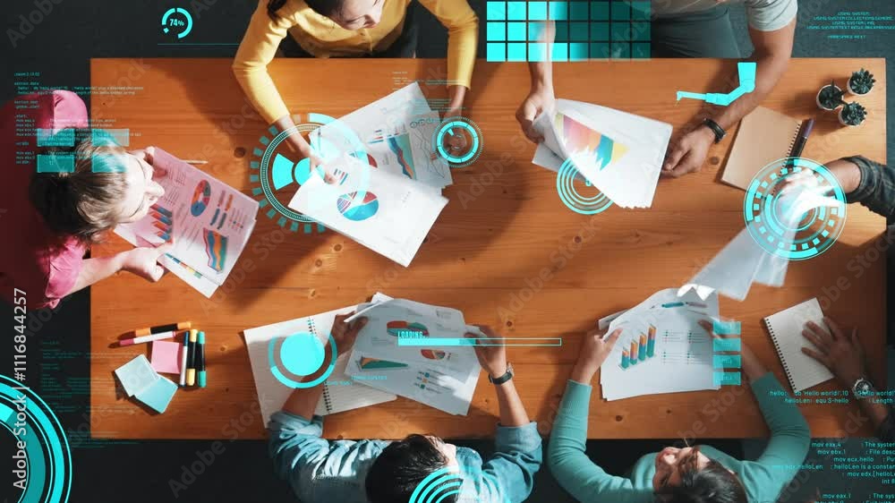 Poster top view of smart people throw paper and giving high five at meeting table with financial document a