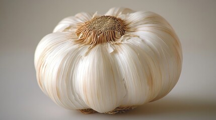  close-up of a bulb of garlic on a neutral background.