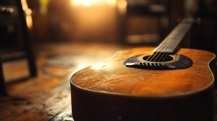 Obraz premium Beautiful Acoustic Guitar on Wooden Floor