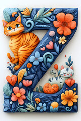 Lettres de l'alphabet Z sur le thème des chats, colorées, décorées de chatons mignons, fleurs, feuilles, design ludique et fun, idéal pour l'éducation, projets graphiques ou décoratifs
