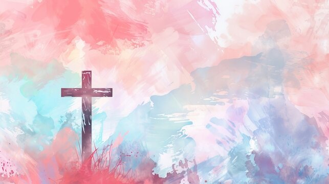 Watercolor cross with colorful pastel background