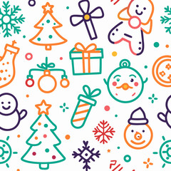 Seamless Christmas pattern with hand-drawn icons of festive elements like trees, snowflakes, ornaments, and gifts on a white background.