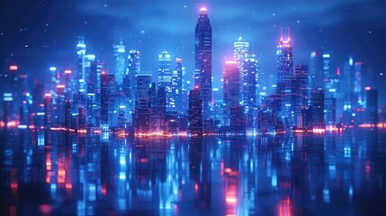Fototapeta premium Futuristic city skyline reflecting in water at night, vibrant neon lights.