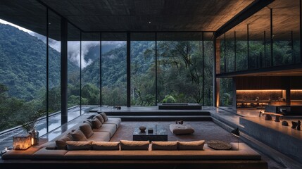 Fototapeta premium Relaxing evening in modern lounge mountain view interior design cozy atmosphere