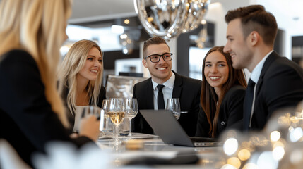 Business Meeting With Professionals Discussing Ideas in a Modern Cafe Setting