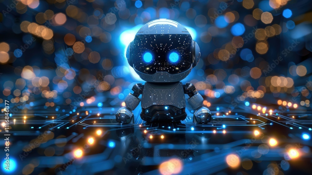 Aufkleber futuristic small robot standing on a circuit board with glowing lights.