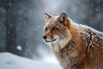 Fototapeta premium A coyote stands in a snowy forest, its fur dusted with snowflakes as it gazes intently into the distance. The serene winter landscape enhances the creature\'s wild beauty.