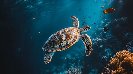 Obraz premium Graceful sea turtle swimming in vibrant underwater