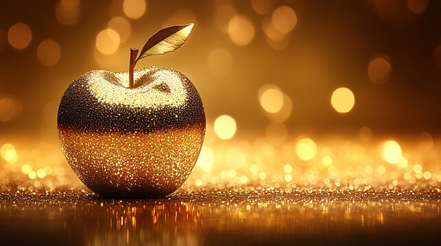 golden and shiny apple symbolizing knowledge, temptation, and prosperity, beautifully showcased with a radiant glow, representing the allure of temptation and the promise of success and abundance
