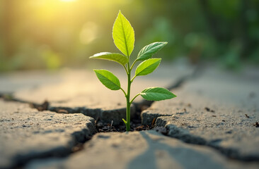  A single sapling growing through a crack in the concrete, symbolizing resilience and hope, plant grow through concrete