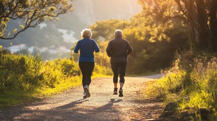 Active Seniors Jogging on Scenic Trail at Sunset