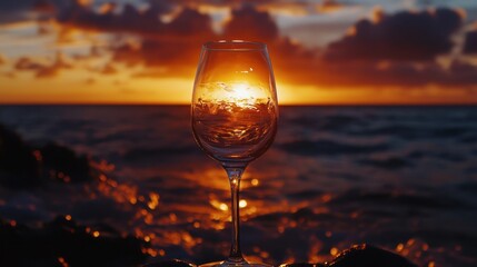 A glass reflecting a sunset over the ocean waves.