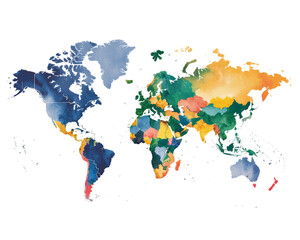 Obraz premium Colorful watercolor illustration of a world map showcasing various countries and continents in vibrant hues and textures