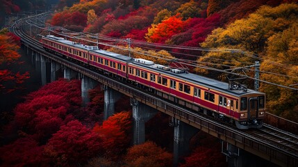 A train travels through a vibrant autumn landscape filled with colorful foliage.
