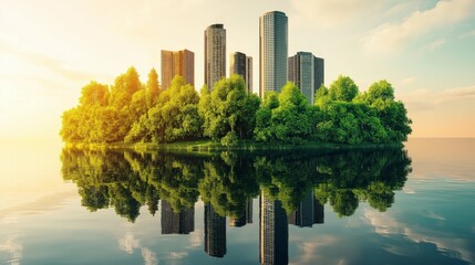 Fototapeta premium A serene cityscape where tall modern buildings and green nature showing futuristic business and environmental sustainability in a downtown financial district