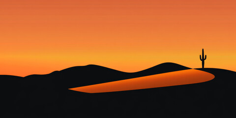 A quiet desert scene with a single cactus silhouetted against a vivid sunset sky. The sand dunes are bathed in warm orange light.