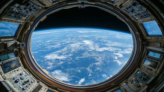 Fototapeta Planet Earth curvature from a spacecraft window, highlighting the beauty of our world as seen from a space station with clouds and oceans in view