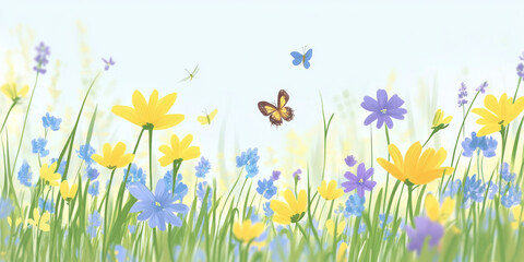 A beautiful spring meadow filled with blooming wildflowers in shades of yellow, blue, and purple. Butterflies and bees move among the flowers, and the sky above is clear and bright, adding to the