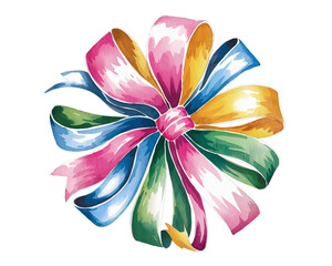 Fototapeta premium Vibrant watercolor illustration of a decorative ribbon bow in various colors on a white background