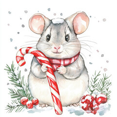 Coquette Christmas chinchilla illustration, watercolor. A sweet chinchilla holding a candy cane with snowy holiday decorations.