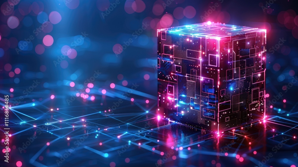 Poster glowing cube with circuit board design, futuristic technology concept.