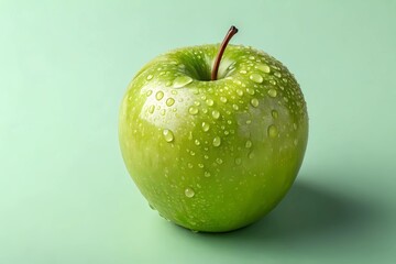 Closeup of a Juicy Green Apple With Water Droplets on Its Surface, Set Against a Soft Pastel Green Background