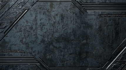 Abstract futuristic black metal background with geometric details, industrial textures, and intricate patterns