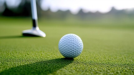 Obraz premium Golfer putting ball training concept. Golf Ball in Motion Towards a Hole on Green Surface
