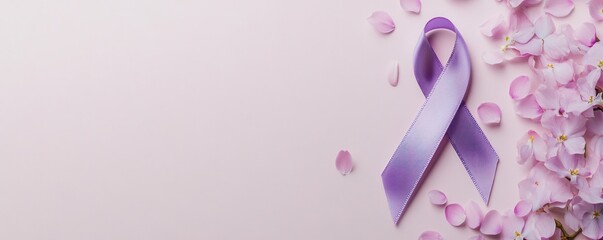 Cancer awareness ribbon lavender symbolizing hope floral background focused concept for community support. 3D illustration