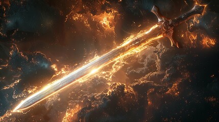 Celestial Sword: A Blazing, Ornate Weapon Across a Fiery Cosmos