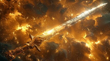 Ornate Golden Sword Suspended in a Glowing Cosmic Nebula