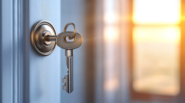 A sleek shiny key hanging from a modern door handle symbolizing access security opportunity and the gateway to new beginnings with a reflective metallic finish blending with contemporary design