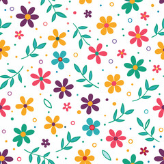 Fototapeta premium Colorful floral seamless pattern with flowers, leaves, and dots on white background.